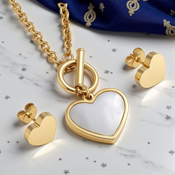 🆕️18K Gold Plated Heart Jewelry Set 💖Dainty Earrings & Necklace w/ Shell Inlay - Picture 1 of 9